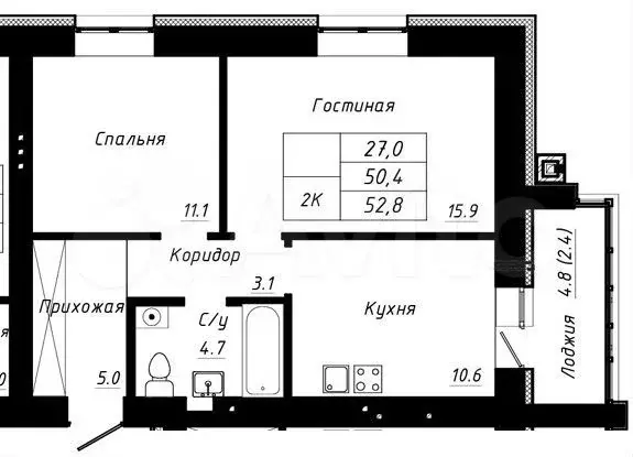 2-к. квартира, 52,8 м, 10/10 эт. - Фото 1