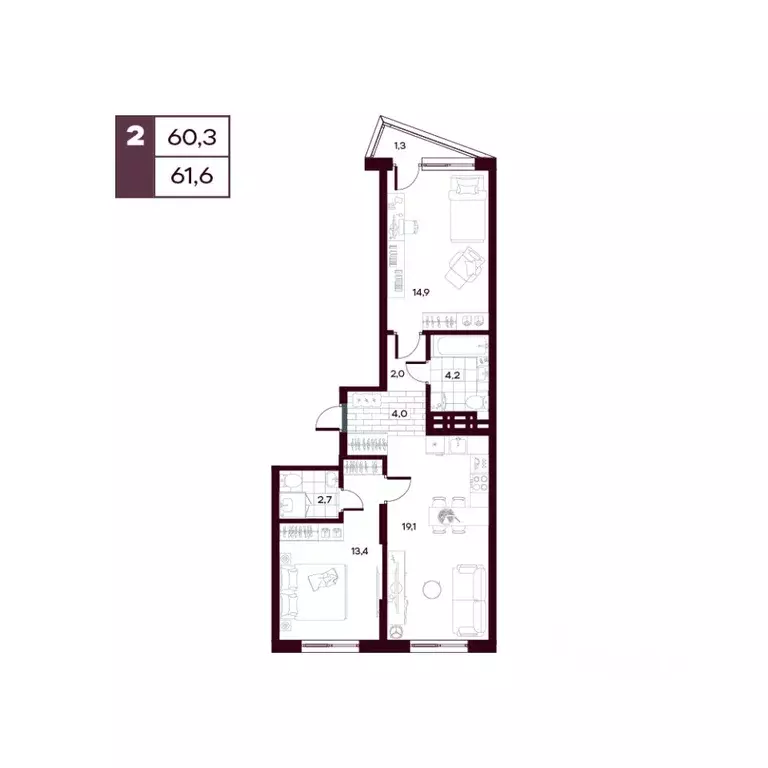2-к кв. Тюменская область, Тюменский муниципальный округ, д. Дударева ... - Фото 1