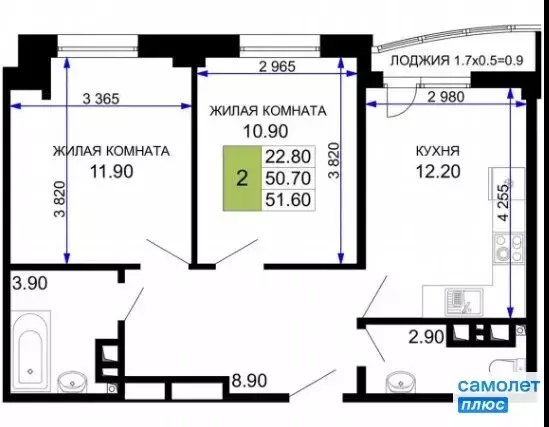 2-комнатная квартира: Анапа, Межсанаторный проезд, 20лит6 (52.8 м) - Фото 1