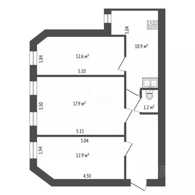 3-к кв. Санкт-Петербург ул. Лизы Чайкиной, 18 (65.0 м) - Фото 2
