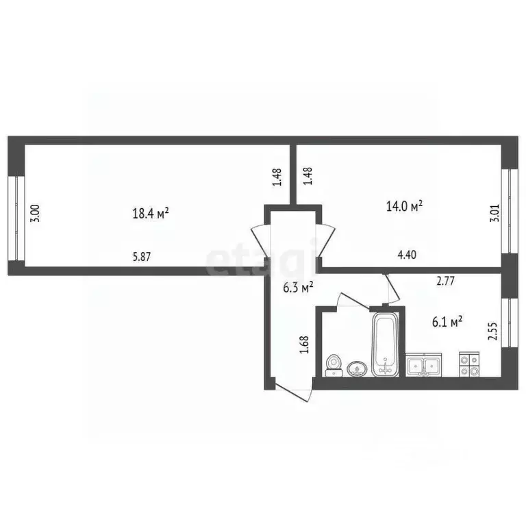 2-к кв. Вологодская область, Вологда ул. Пирогова, 47 (48.1 м) - Фото 2
