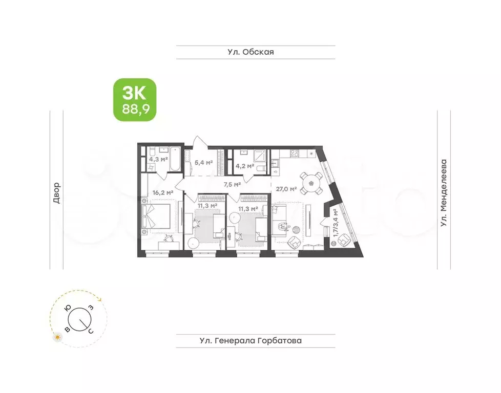 3-к. квартира, 88,9 м, 13/25 эт. - Фото 0