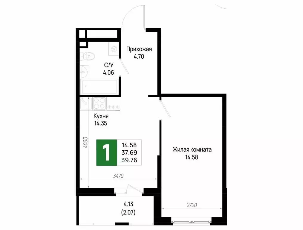 1-комнатная квартира: деревня Новосаратовка, ЖК Имена (39.76 м) - Фото 1