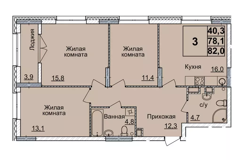 3-комнатная квартира: Нижний Новгород, жилой комплекс Горизонты ... - Фото 0