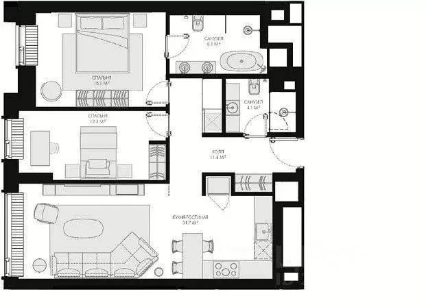 Квартира, 3 комнаты, 83.6 м - Фото 1