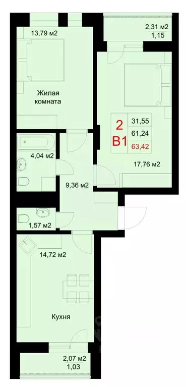 2-к кв. Татарстан, Казань ул. Рауиса Гареева, 78Б (63.42 м) - Фото 0