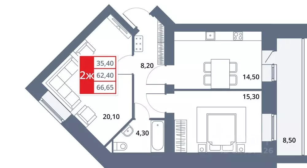2-к кв. Башкортостан, Октябрьский 33-й мкр,  (66.65 м) - Фото 1