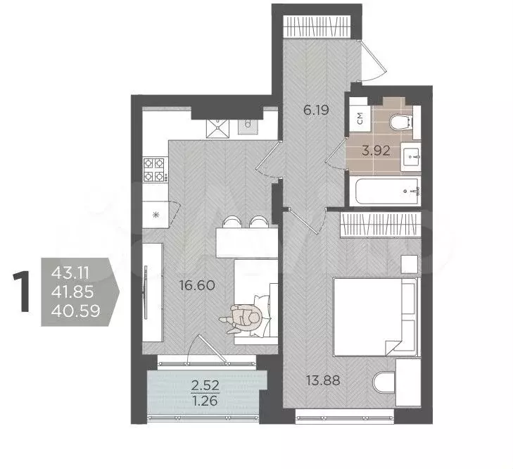 1-к. квартира, 40,6 м, 1/9 эт. - Фото 1
