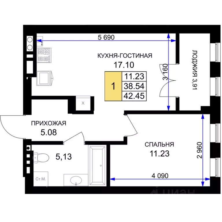 1-к кв. Калининградская область, Гурьевск Включи жилой комплекс (42.45 ... - Фото 0
