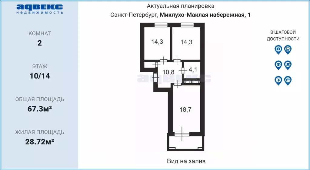 2-к кв. Санкт-Петербург наб. Миклухо-Маклая, 1к1 (67.3 м) - Фото 2