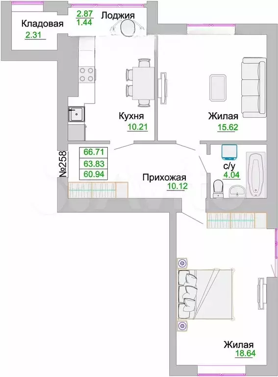 2-к. квартира, 63,8 м, 9/9 эт. - Фото 1
