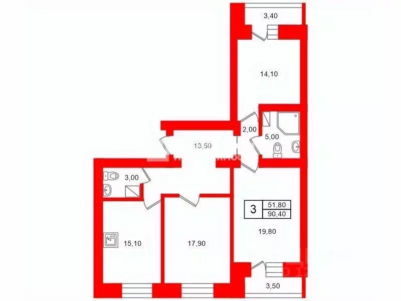 Квартира, 3 комнаты, 90.4 м - Фото 2