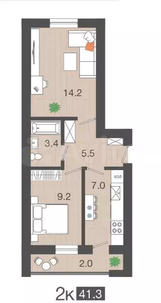 2-к. квартира, 41,3 м, 2/4 эт. - Фото 1
