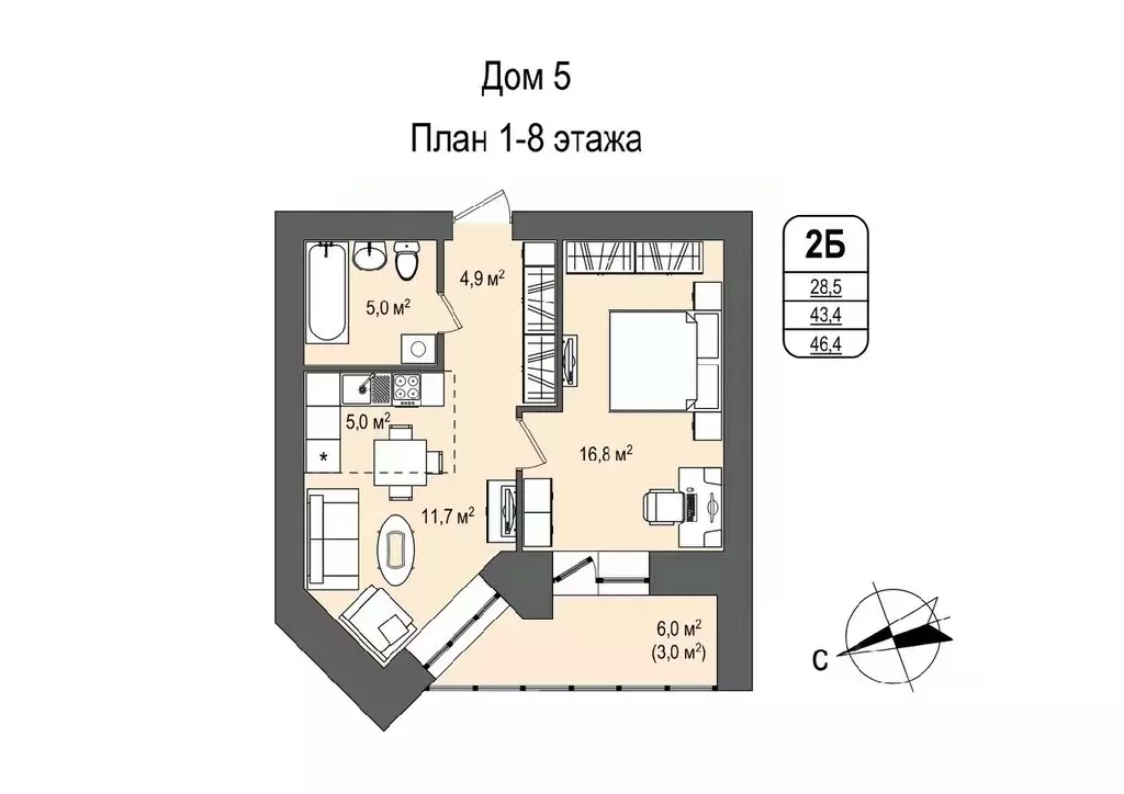 2-к кв. Кемеровская область, Кемерово 55-й мкр, 5 (46.4 м) - Фото 0