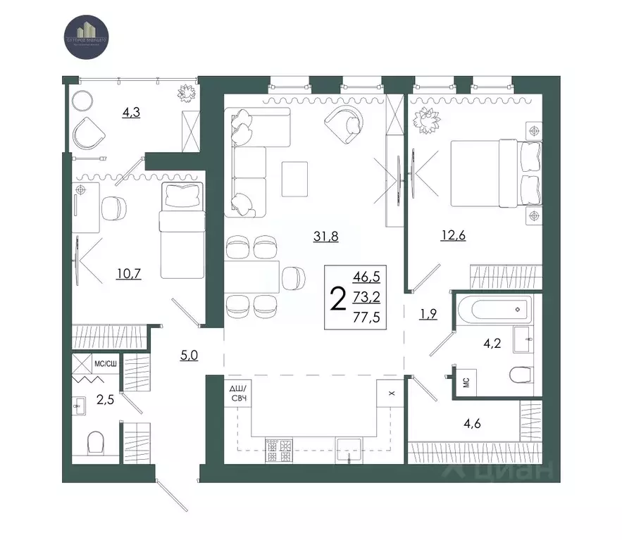 2-к кв. Смоленская область, Смоленск ул. 2-я Киевская, 20Ак1 (77.5 м) - Фото 1