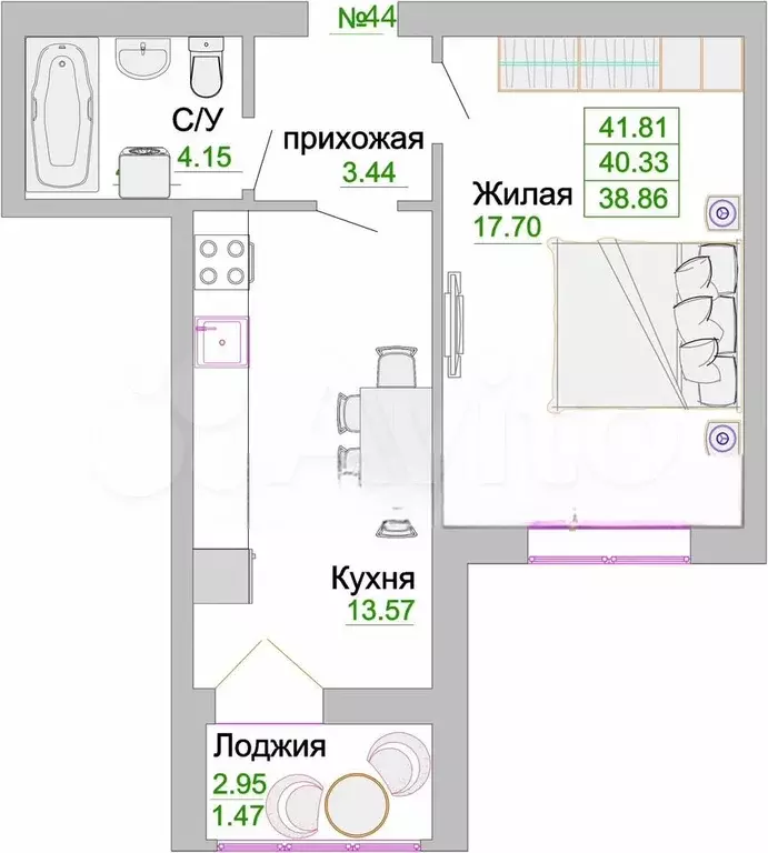 1-к. квартира, 40,3 м, 8/9 эт. - Фото 1