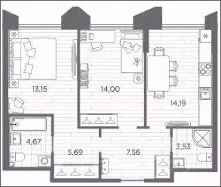 Квартира, 2 комнаты, 62.79 м - Фото 1