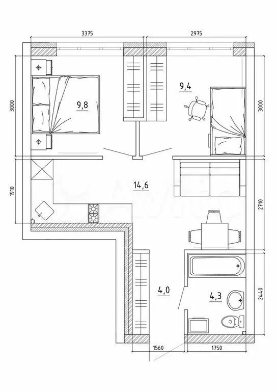 2-к. квартира, 43,7 м, 4/8 эт. - Фото 0