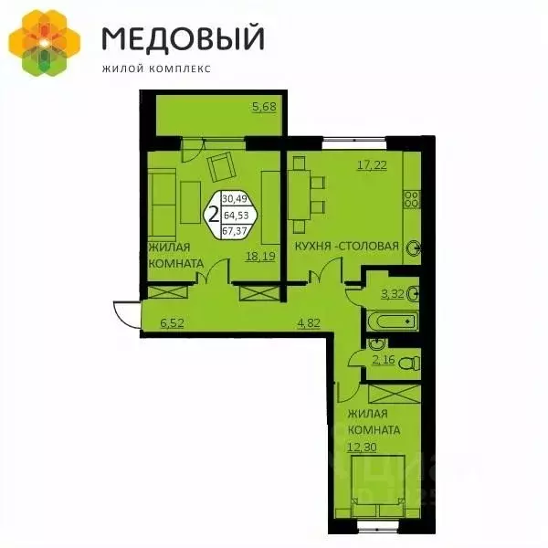 2-к кв. Пермский край, д. Кондратово ул. Г.Н. Нифантова, 4Б (67.37 м) - Фото 0
