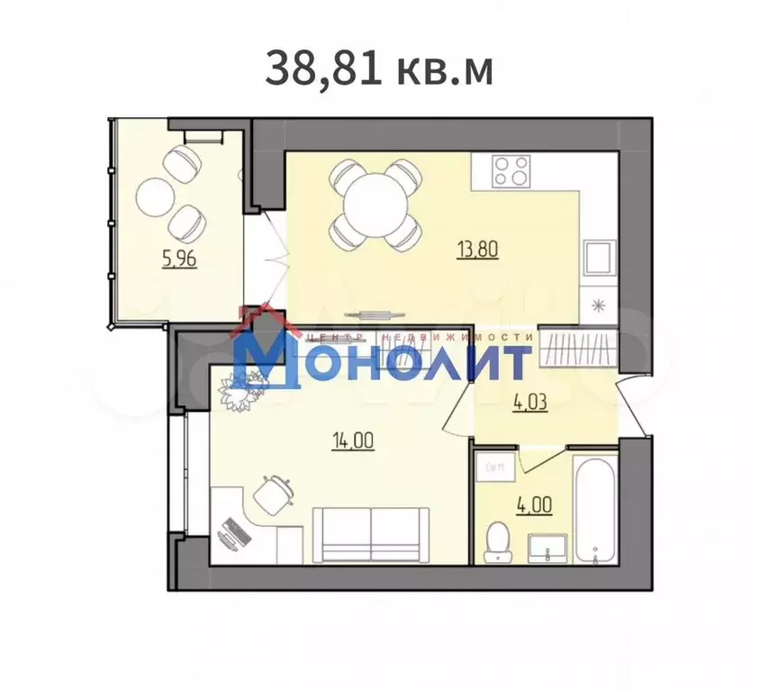 1-к. квартира, 38,8 м, 5/9 эт. - Фото 0