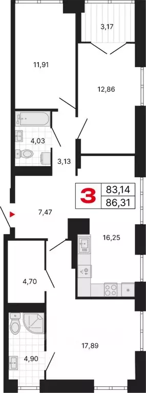 3-к кв. Свердловская область, Екатеринбург ул. Студенческая, 1Нк4 ... - Фото 1