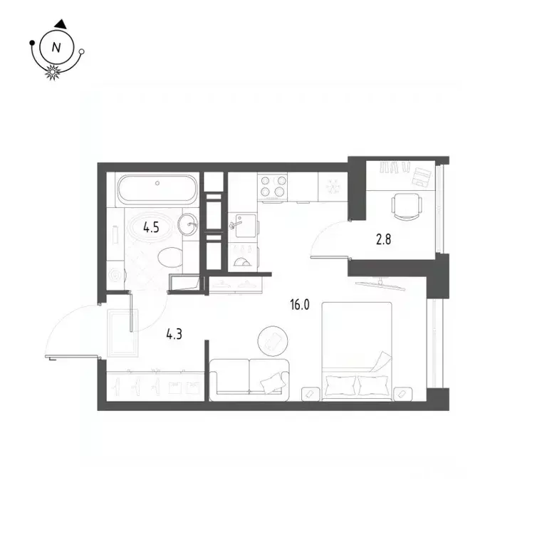Студия Омская область, Омск Волгоградская ул., 53 (26.0 м) - Фото 1