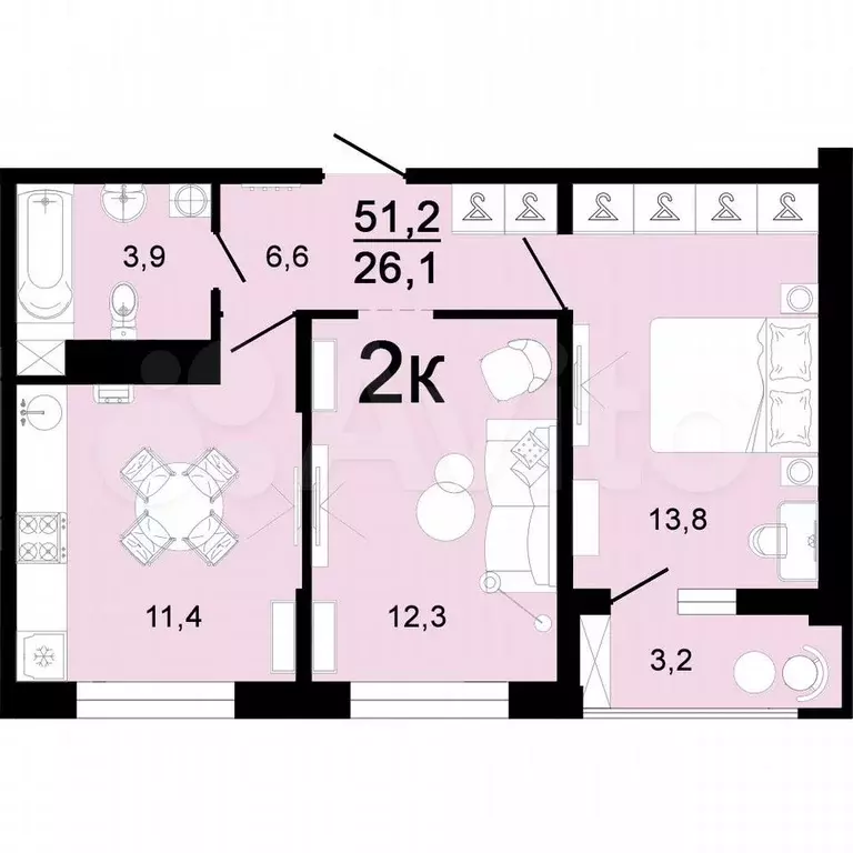 2-к. квартира, 52 м, 3/8 эт. - Фото 1