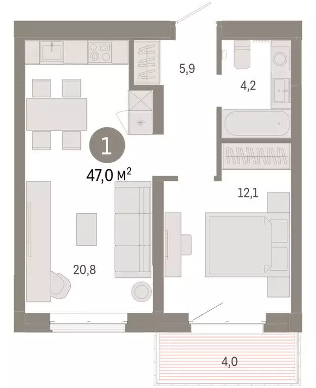 1-комнатная квартира: Тюмень, жилой комплекс На Минской (46.98 м) - Фото 1