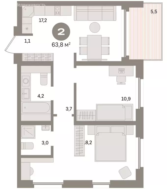 2-комнатная квартира: Екатеринбург, улица Советских Женщин (63.8 м) - Фото 2