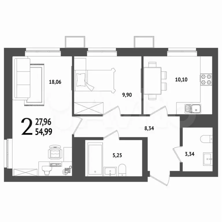 2-к. квартира, 55,1 м, 23/25 эт. - Фото 1