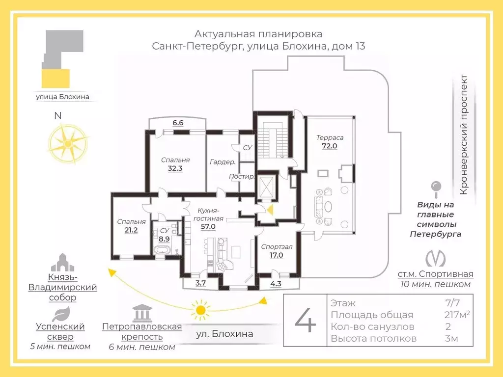 3-к кв. Санкт-Петербург ул. Блохина, 13 (217.0 м) - Фото 2