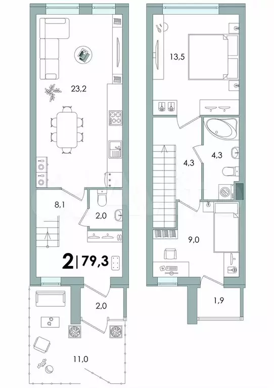 2-к. квартира, 79,3 м, 1/1 эт. - Фото 0