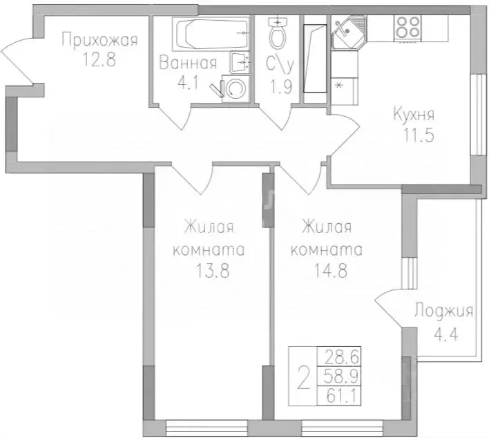 2-к кв. Липецкая область, Липецк ул. Тельмана, 120 (61.1 м) - Фото 2