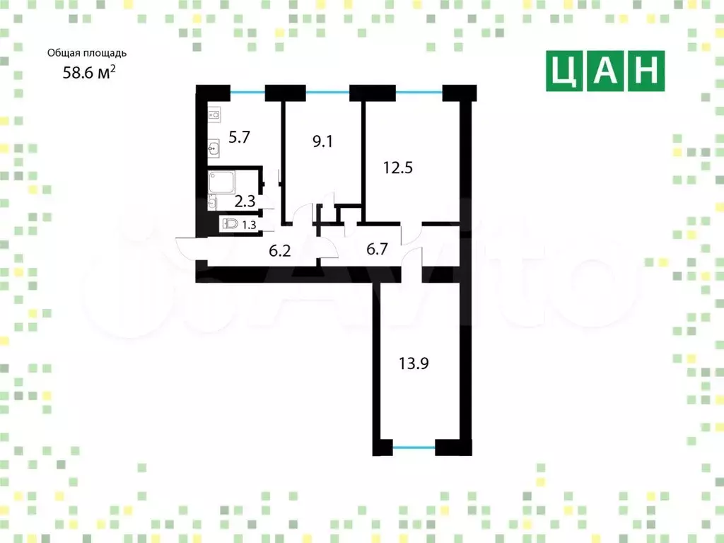 3-к. квартира, 58,6 м, 5/9 эт. - Фото 0