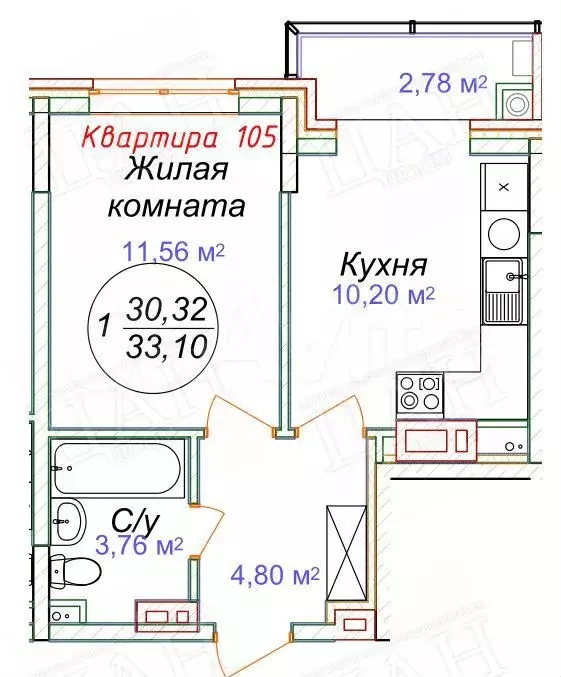 1-к. квартира, 33,1 м, 3/5 эт. - Фото 1