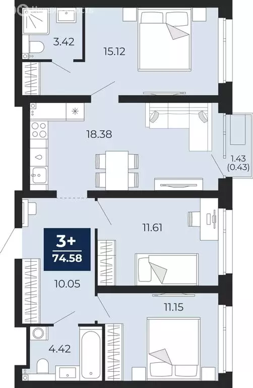 3-комнатная квартира: Тюмень, микрорайон Ямальский-2 (74.58 м) - Фото 0