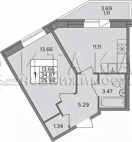 1-к кв. Ленинградская область, Всеволожский район, д. Новое Девяткино ... - Фото 1