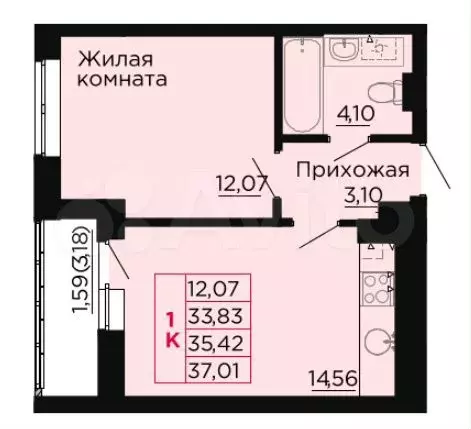 1-к. квартира, 35,4 м, 4/9 эт. - Фото 1