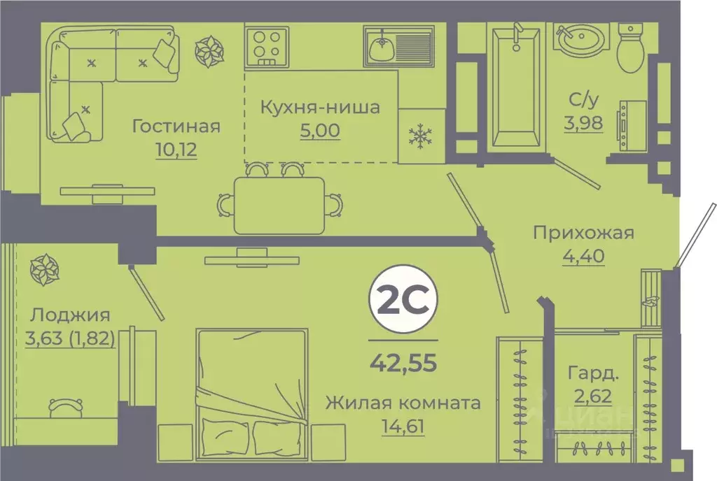 2-к кв. Ростовская область, Ростов-на-Дону ул. Еременко, 115 (42.68 м) - Фото 0