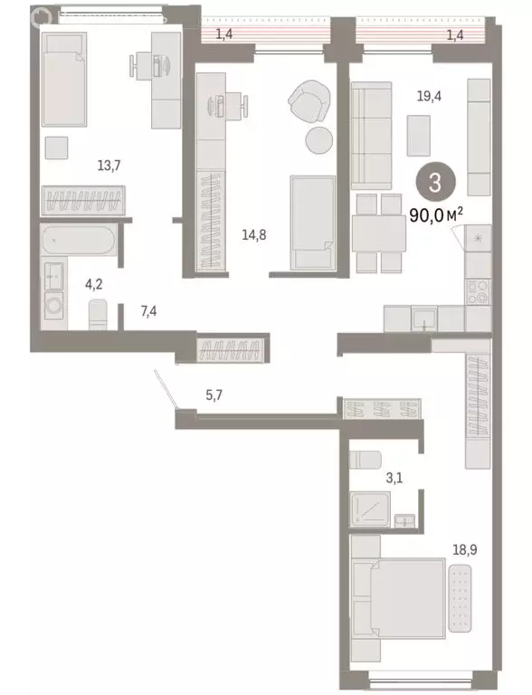 3-комнатная квартира: Новосибирск, Большевистская улица, с49 (89.96 м) - Фото 1