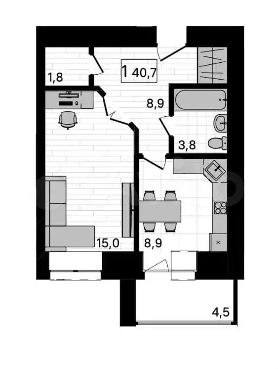 1-к. квартира, 41,6 м, 5/10 эт. - Фото 1