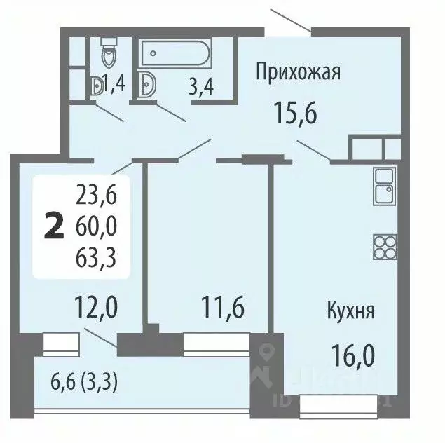 2-к кв. Чувашия, Чебоксары ул. Филиппа Лукина, 16 (62.9 м) - Фото 1