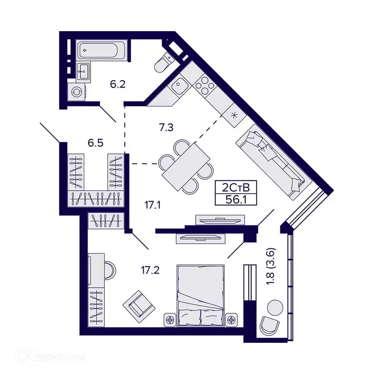 Продаётся квартира-студия, 56.1 м - Фото 1