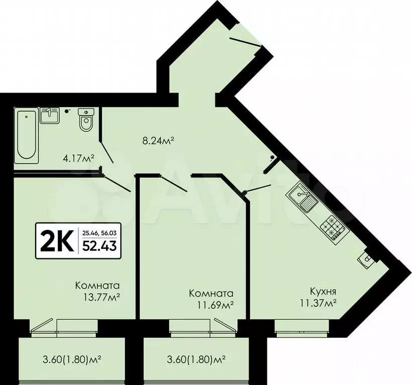2-к. квартира, 52,4 м, 2/4 эт. - Фото 0