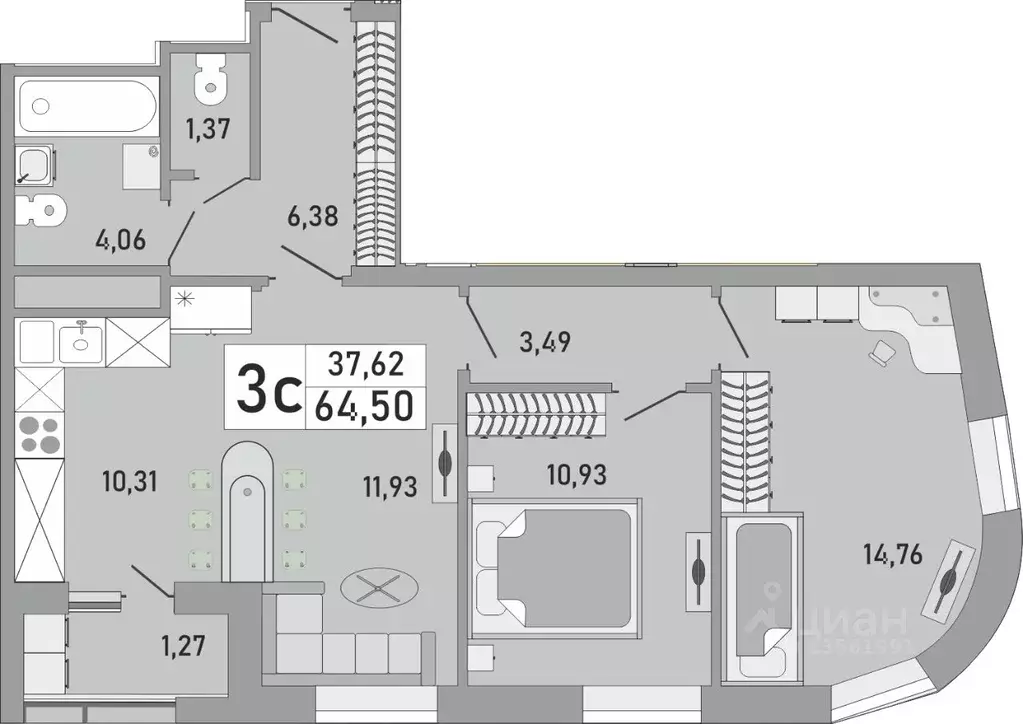 3-к кв. Башкортостан, Уфа Бакалинская ул., 9/1 (64.5 м) - Фото 1