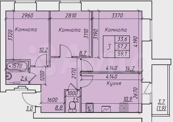 3-к. квартира, 60 м, 3/9 эт. - Фото 0