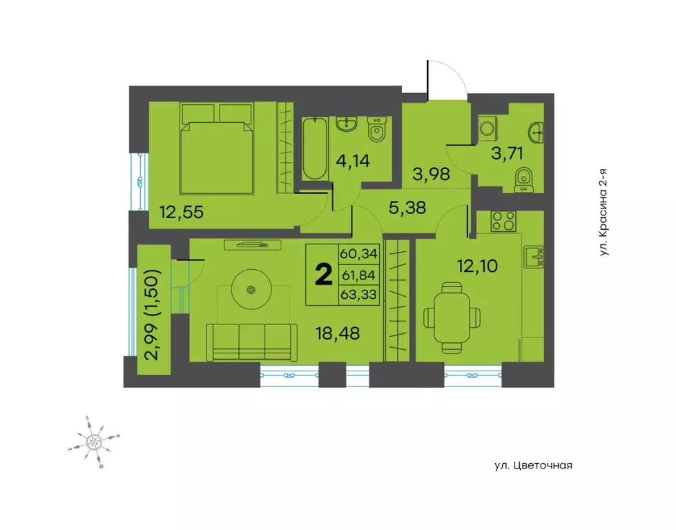 2-к кв. Тверская область, Тверь ул. 2-я Красина, 64 (61.84 м) - Фото 0