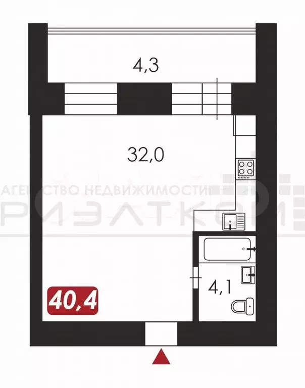 1-к. квартира, 40,9 м, 4/9 эт. - Фото 0