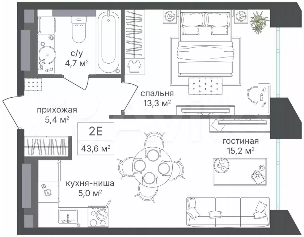 1-к. квартира, 43,6 м, 4/15 эт. - Фото 0
