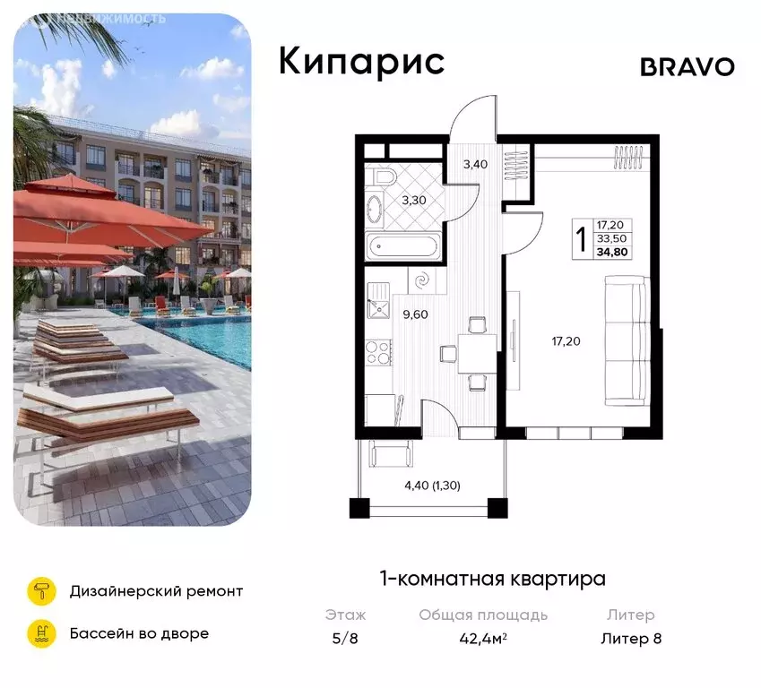 1-комнатная квартира: Сукко, жилой комплекс Кипарис (42.4 м) - Фото 1